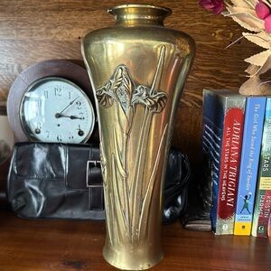 Antique Japanese or Art Nouveau Brass Vase Featuring Iris Relief, Large